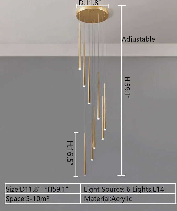 D11.8"H59.1' Small long Modern Minimalism Nordic Style Long Cascade Spiral Chandelier Ceiling Pendant Lighting Fixture for Living Room/ Entryway/ Foyer Staircase in Gold/ Black Finish