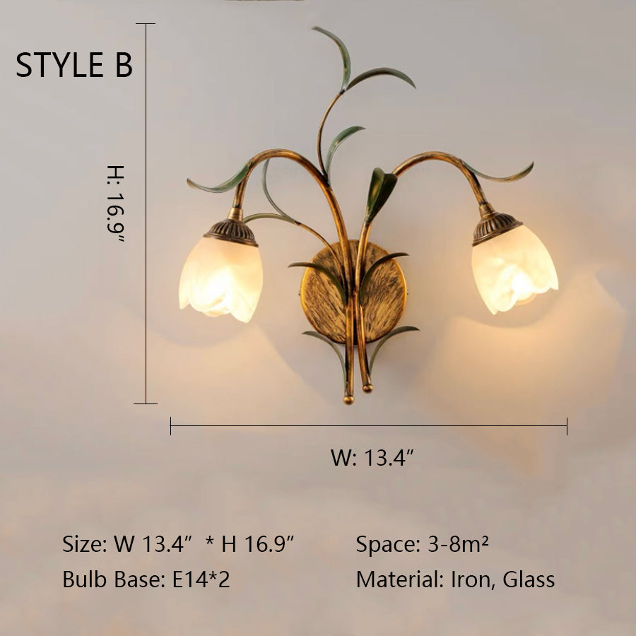 style b :w13.4"*h16.9" Delicate Flower Shaped Glass Wall Lights/Elegant Vintage Iron Light for Living Room/Bedroom/Study