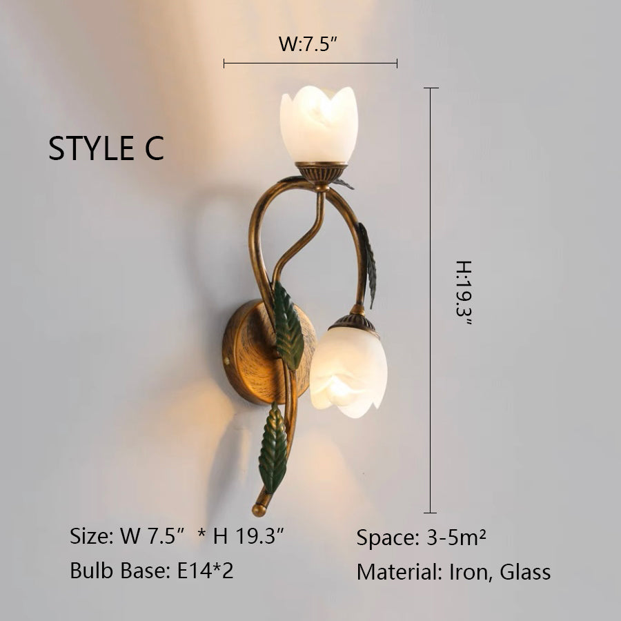 style c :w7.5"*h19.3" Delicate Flower Shaped Glass Wall Lights/Elegant Vintage Iron Light for Living Room/Bedroom/Study