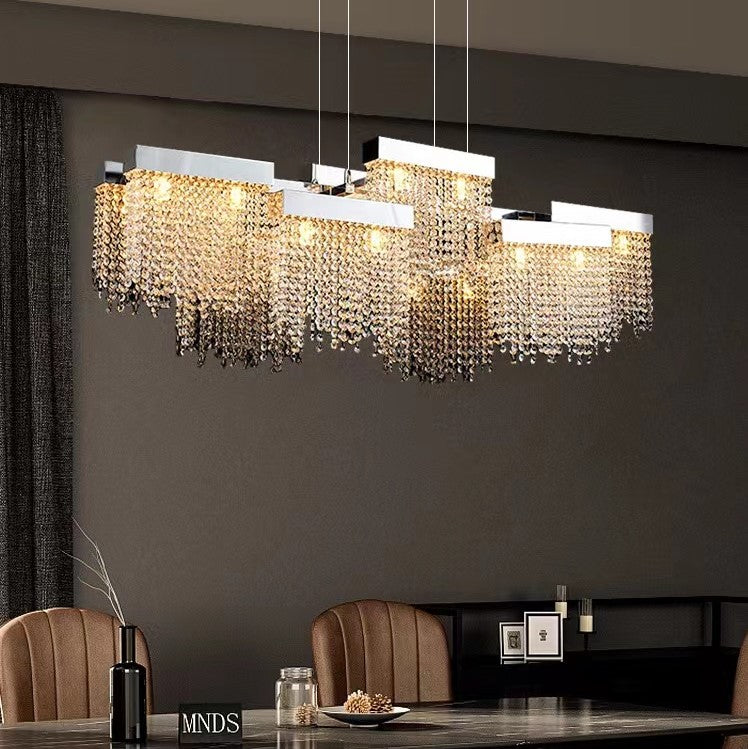 light luxury, large, modern, rectangle, crystal, pendant, dining table, bar, kitcheb island, irregular, tassel, extra large, oversized, big dining room,  long dining table, large walk-in closets, bars,  clubs and themed restaurants, chrome