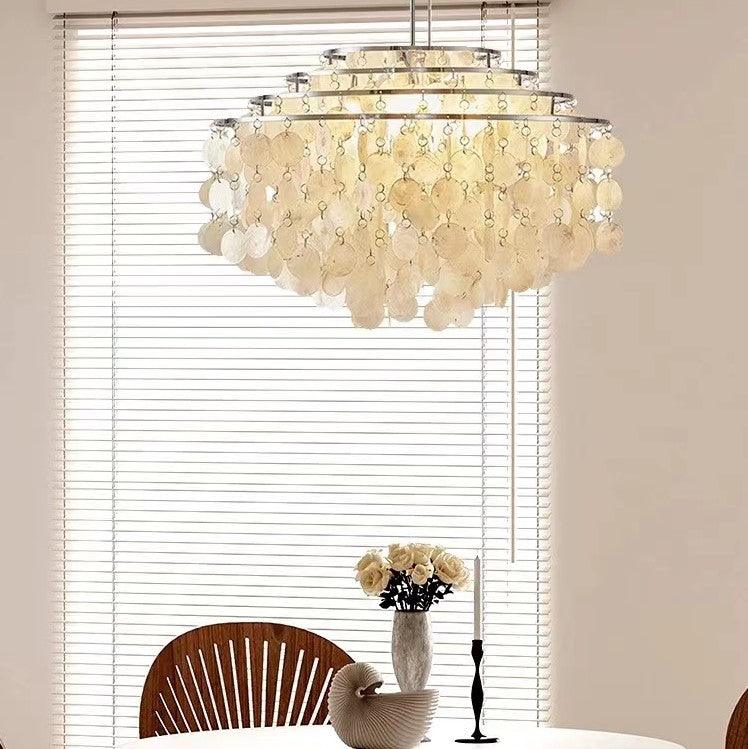 tiered, chrome, seashell, boho, bohemia, natural, wind chime, chandelier, living room, dining table, bedroom, Verpan