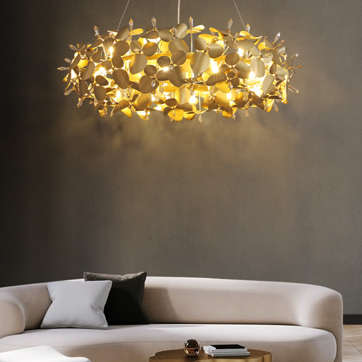 Flower Stainless Steel Halo Chandelier  Mcqueen Round Suspension  Luxxu, Portugal  Luxurious Hollow Golden Dots Flower Cluster Pendant Chandelier for Living/Dining Room