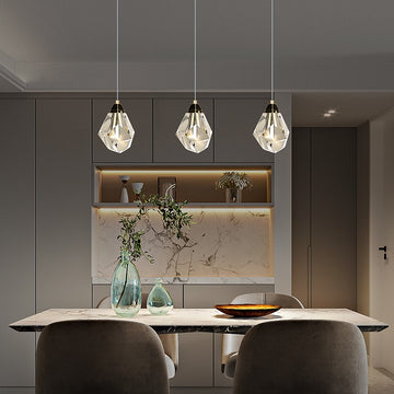 facet, diamond, clear, crystal, pendant, light, bedside, coffee table, kitchen island, brass, black, bar, home office