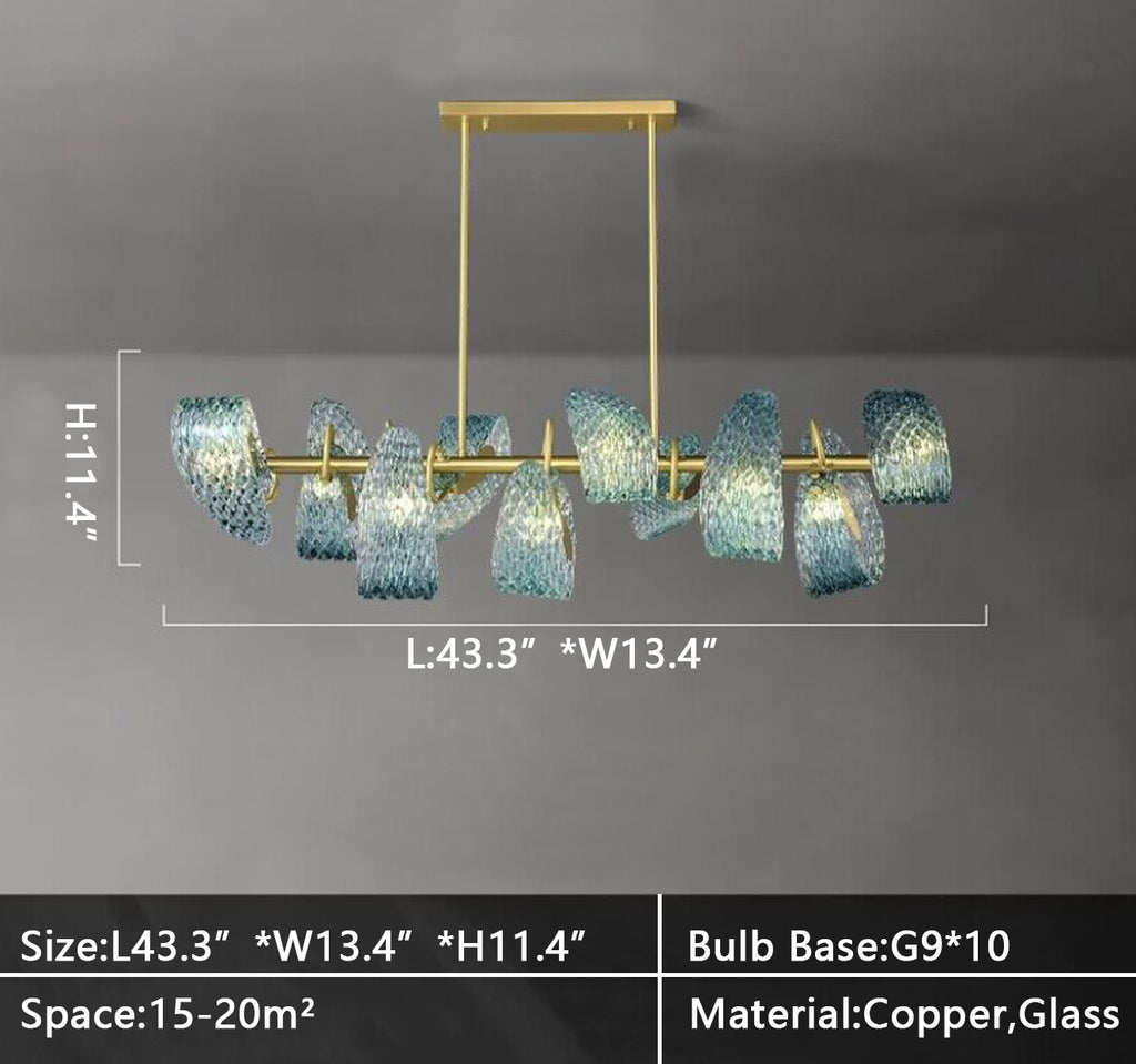 Rectangle L43.3inches 10LIGHTS Extra large art blue chandelier copper light glass light for staircase/high-ceiling living room/foyer.2-story/loft/duplex buildings Flower Creative Bedside Pandant Chandelier Living Room Decor Background Wall Light Luxury Copper Bedroom Blue Glass Hanging Lamp