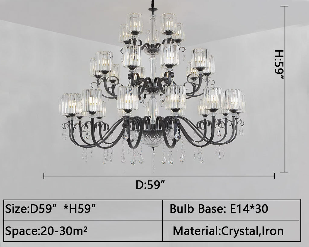 3Layer: D59"*H59"  electronic candle, industrial, vintage, pendant, staircase, black, gold, high ceiling   Fine Art Lamps Eaton Place Twelve-Light Two-Tier Chandelier with Channel-Set Crystal Diffusers and Crystal Accents Model:584740ST from the Eaton Place Collection