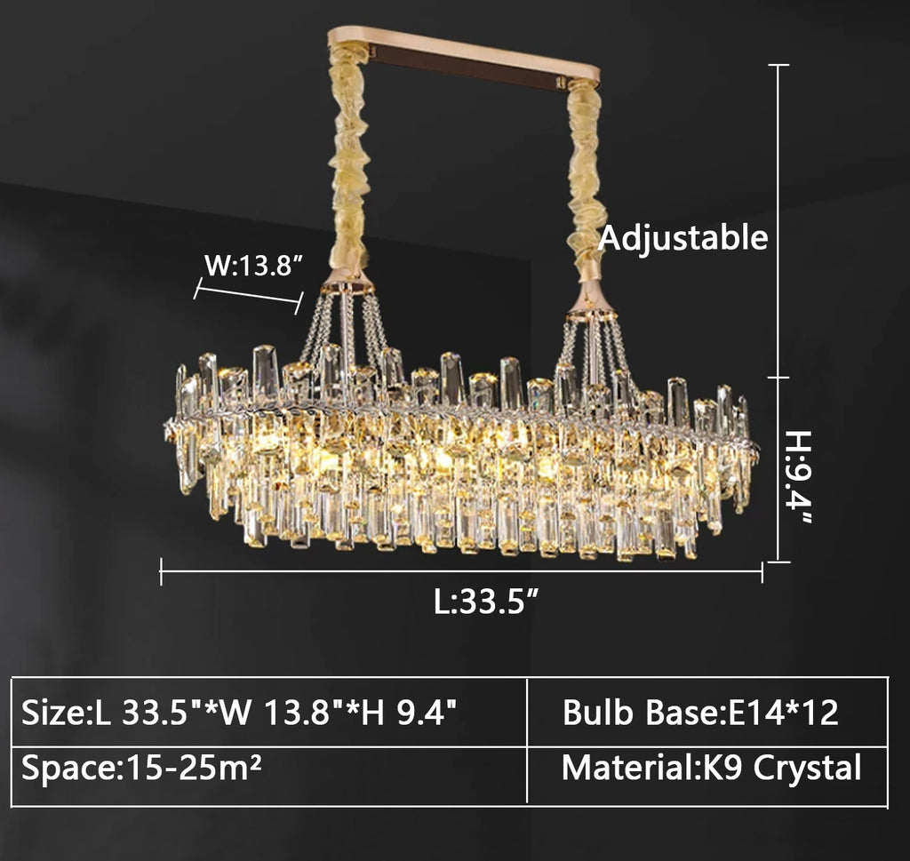 Rectangle: L 33.5"*W 13.8"*H 9.4" moderrn, light luxury, crystal, pendant, dining table, kitchen island