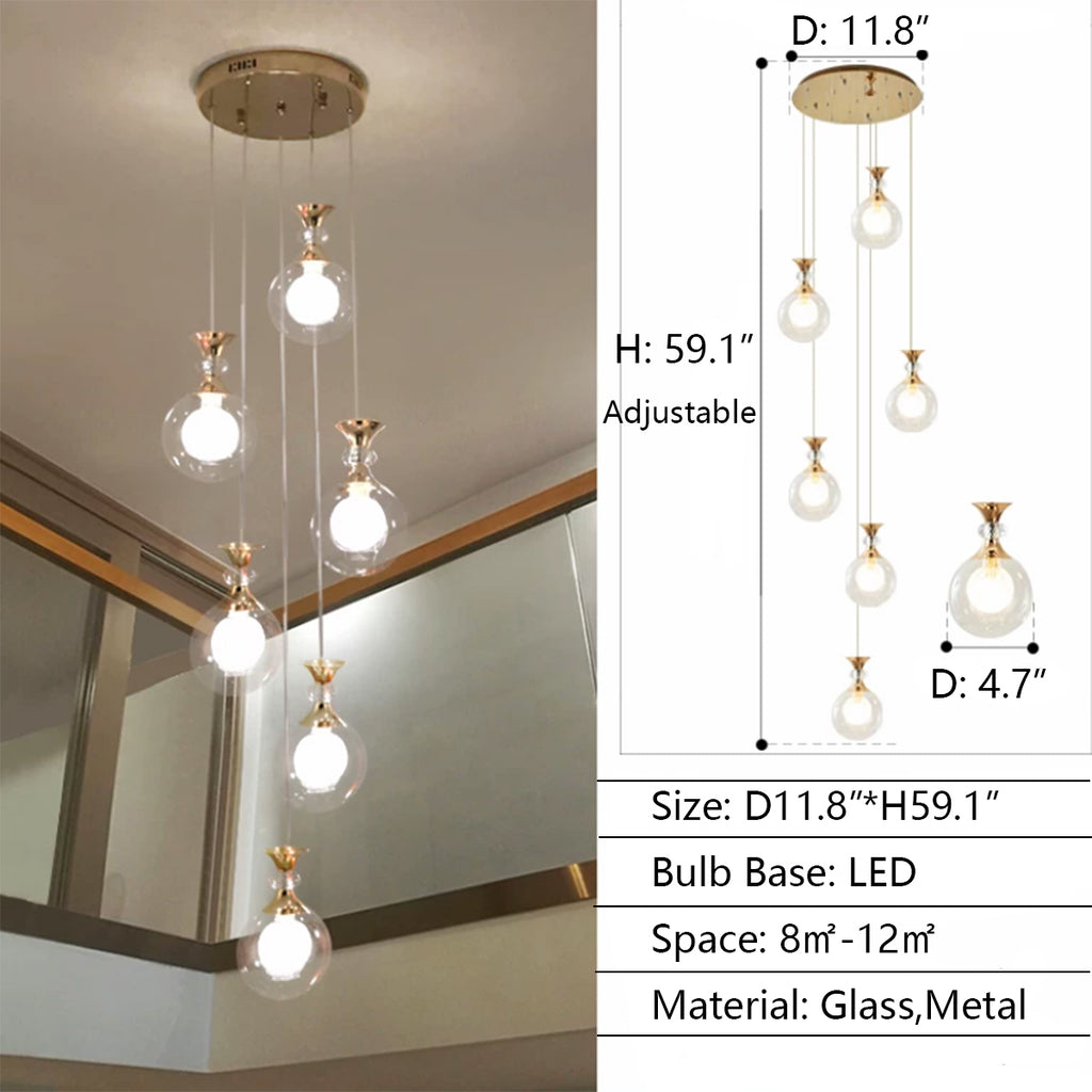 6 Lights D11.8"*H59.1" Modern Nordic Ceiling Long LED Glass multi-lights Bulb chandelier pendant light for 2-story/duplex buildings staircase/entryway/foyer/hotel shopping mall