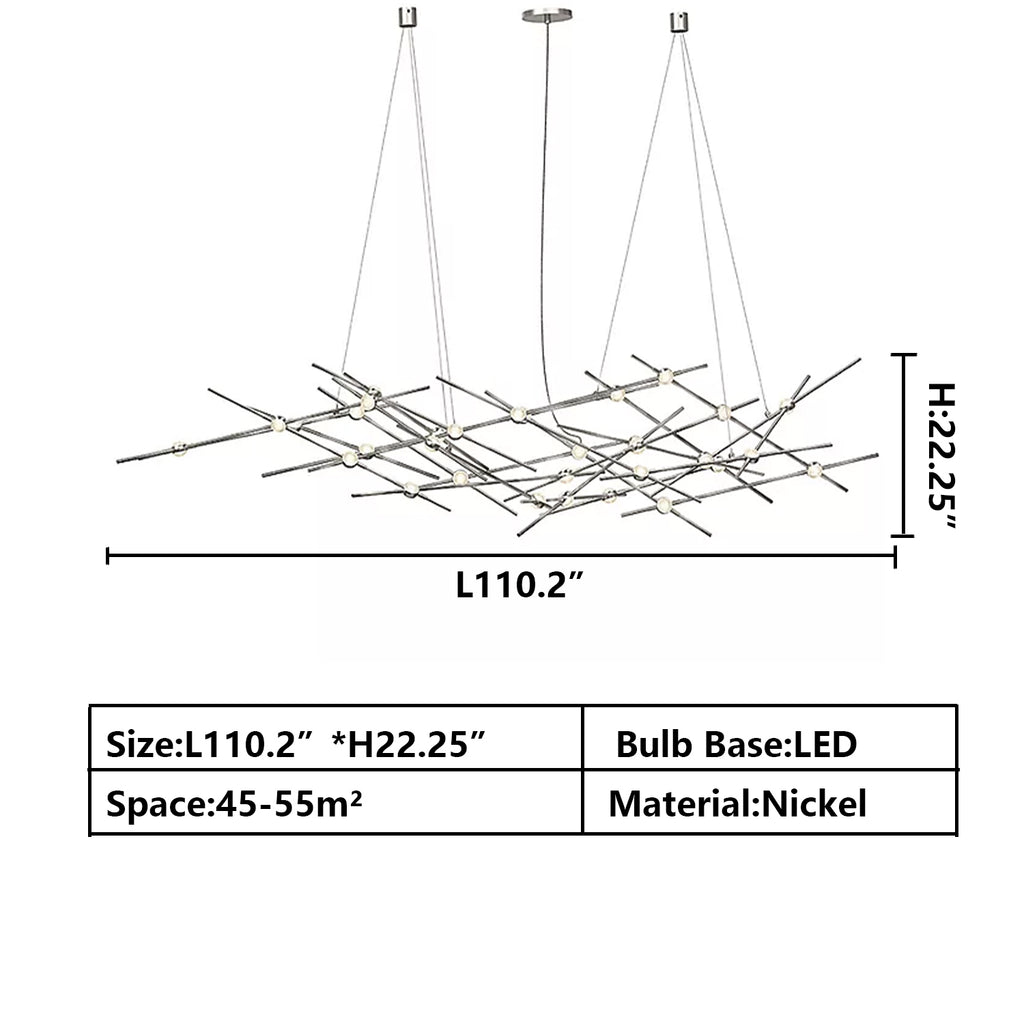 L110.2"Constellation 93" Wide Integrated LED Chandelier with Acrylic Shades,Constellation Satin Nickel LED Pendant