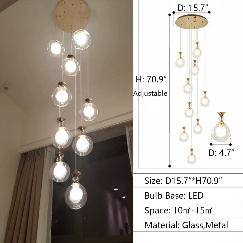 9 Lights D15.7"*H70.9" Modern Nordic Ceiling Long LED Glass multi-lights Bulb chandelier pendant light for 2-story/duplex buildings staircase/entryway/foyer/hotel shopping mall
