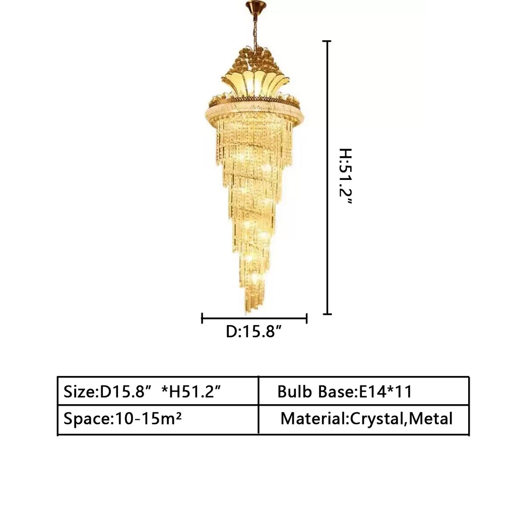 D15.8inches*H51.2inches 11Lights Huge/Extra Large/Oversized Spin/Cascade Spiral gold crystal chandelier long chandelier light for staircase/foyer/entryway/ hallway