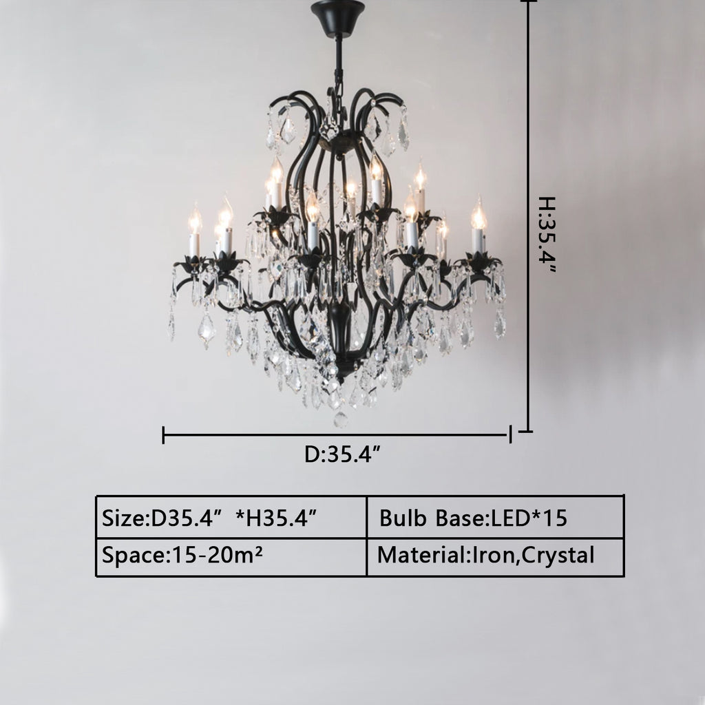 D35.4 INCHES Extra large/oversized two-layers/tiered candle iron crystal chandelier for living room/foyer decor black/gold crystal light vintage light fixture