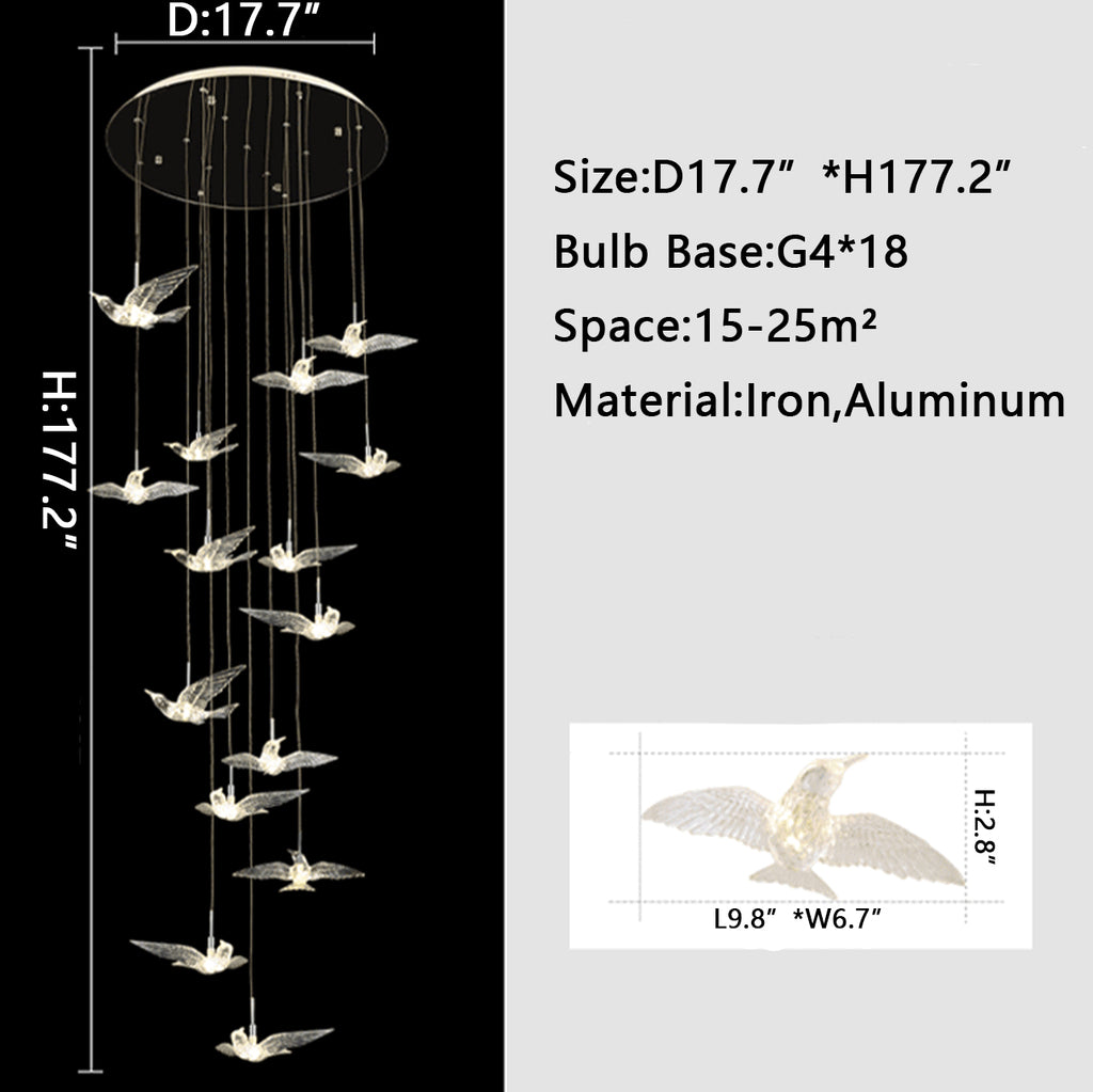 D17.7"*H177.2" 18 LIGHTS Art pendant chandelier 3D White Bird Modern crystal chandelier for staircase/foyer/hallway 2-story high-ceiling home