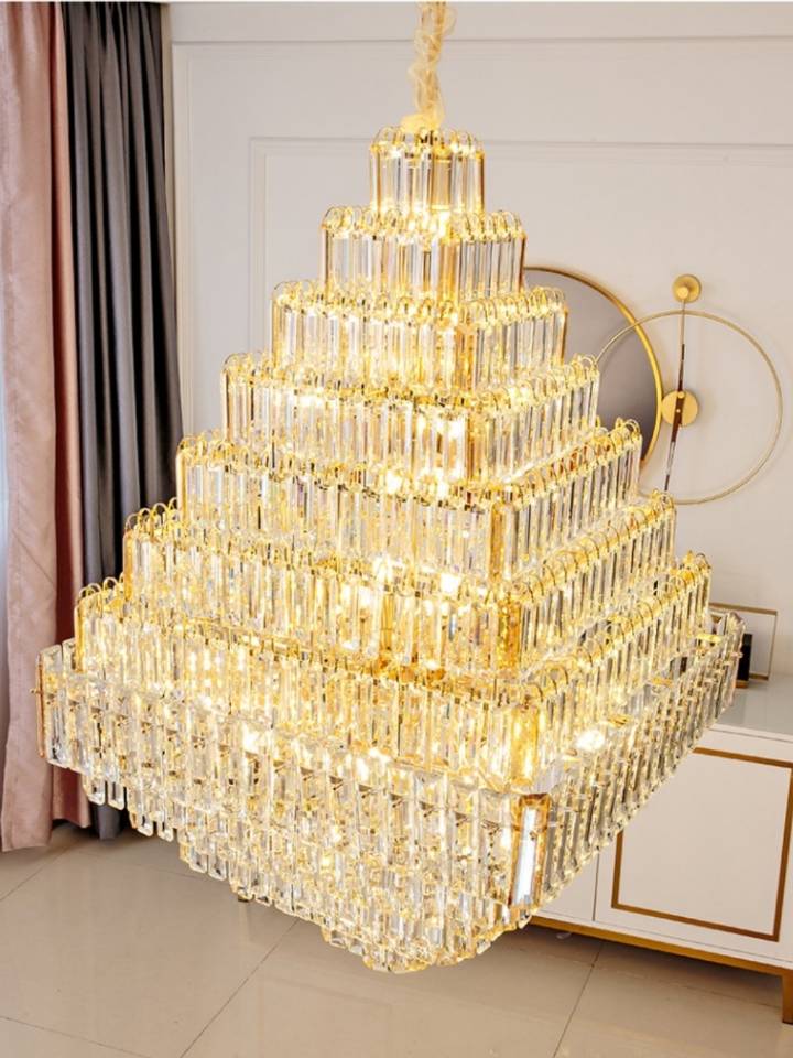 extra large crystal 2-story foryer / high ceiling living room / big hallway/ hotel entryway light fixture luxury modern stunning golden chandelier