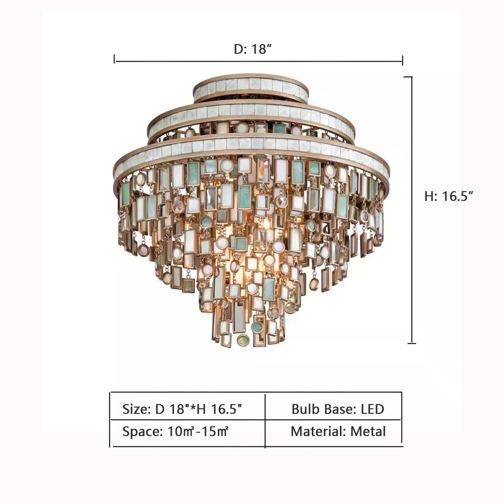 D 18"*H 16.5"  CORBETT LIGHTING DOLCETTI THREE LIGHT SEMI FLUSH MOUNT 142-33, Corbett Lighting 142-33 DOLCETTI Semi Flush, 18"W x 16.75"H, tiered, colorful glass, gothic cathedurals, great windows, mid-century
