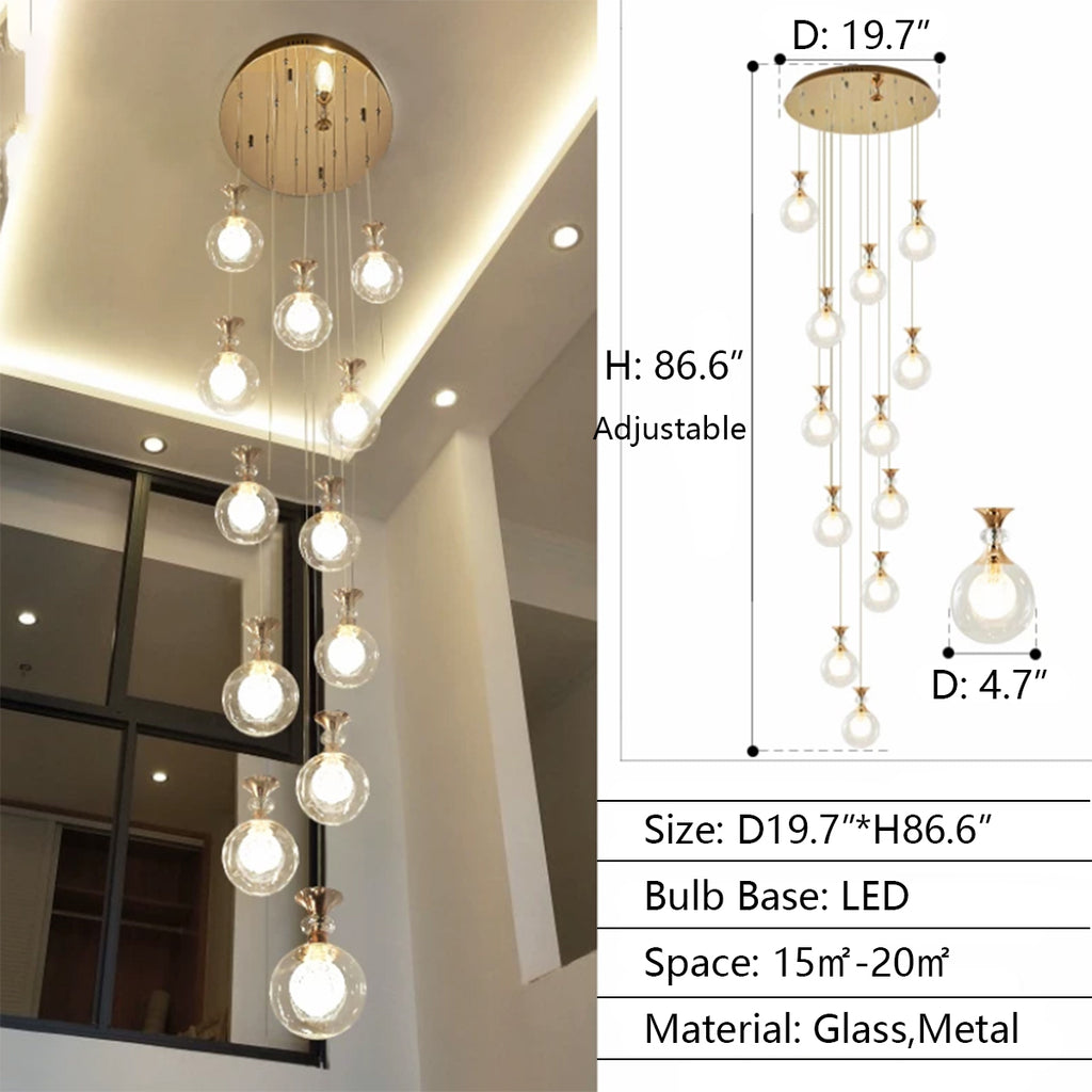 12 Lights D19.7"*H86.6" Modern Nordic Ceiling Long LED Glass multi-lights Bulb chandelier pendant light for 2-story/duplex buildings staircase/entryway/foyer/hotel shopping mall