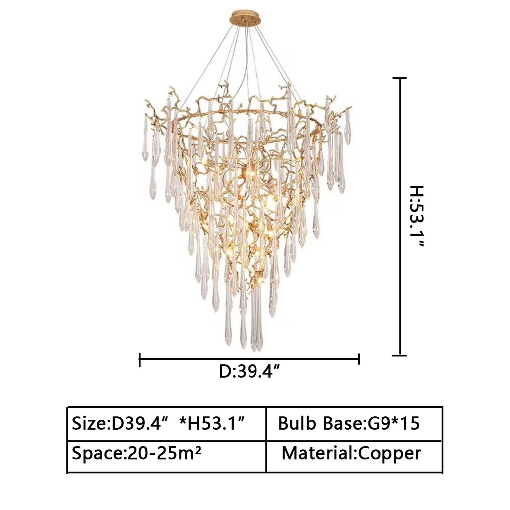 D39.4inches*H53.1inches 15 lights G9 LED modern raindrop gold brass/copper branch crystal chandelier multi-layer ring/round living room light fixture art foyer light for dining room/bar/coffee table,coffee shop,restaurant,hotel hallway