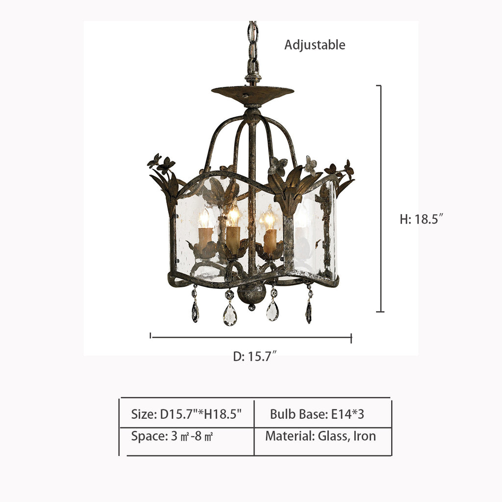 3 Heads: D15.7"*H18.5"   Rustic Wrought Iron Glass Shade Candle Pendant Chandelier for Dining Room/Bedroom