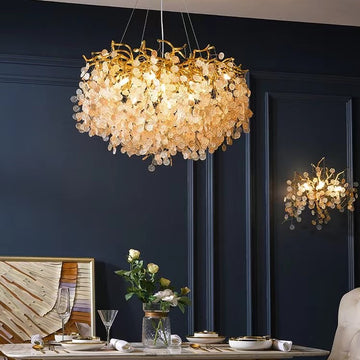 chandelier, glass, aluminum, glod, post-modern, light luxury, Italian, floral, branch, living room, dining room, bedroom
