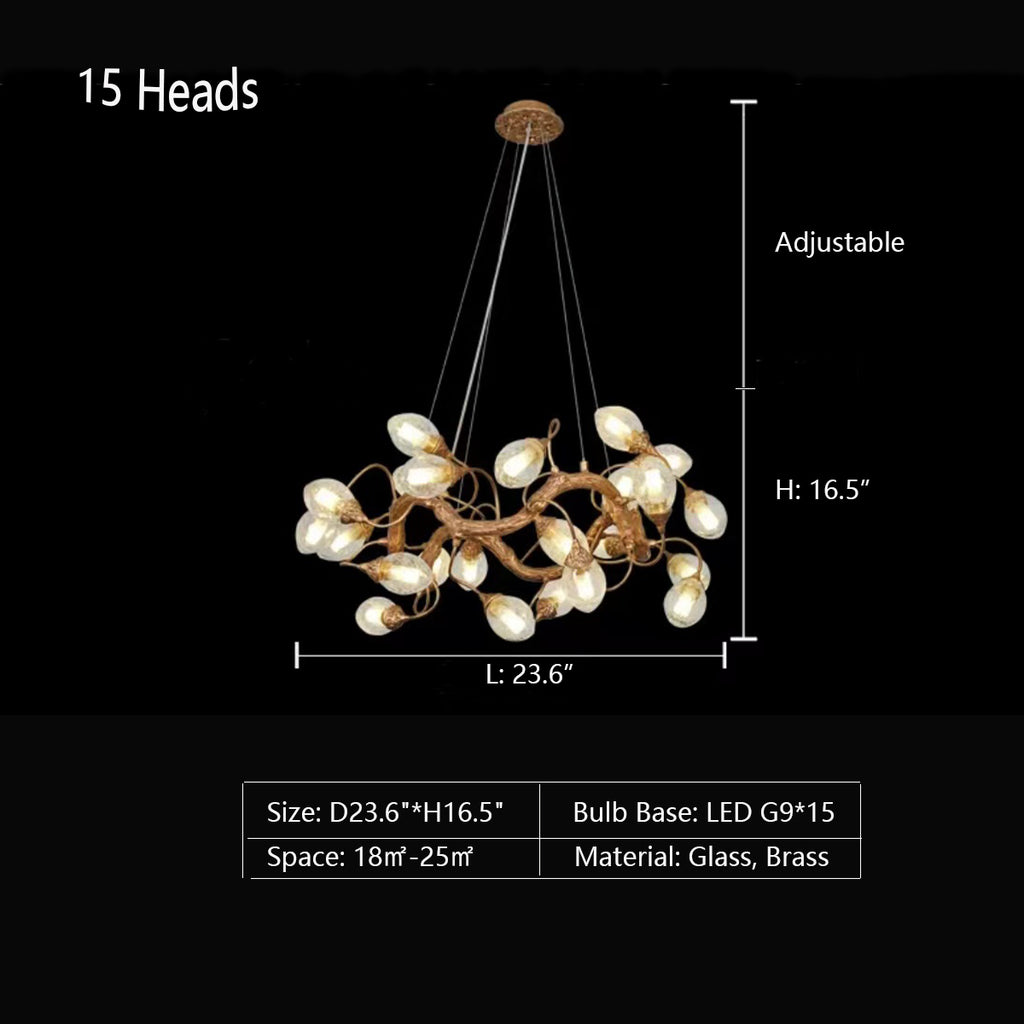 15Heads: D23.6"*H16.5"  oversized, extra large, round, loop, clear seedy glass, branch, brass, pendant light, large dining room,bedroom, living room, home office , dinosaur egg
