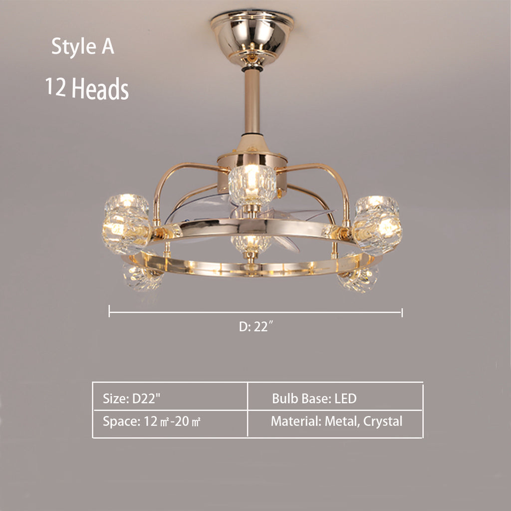Style A: 12Heads D22"  Multi-Head Wreath Invisible Fan Blade Chandelier for Living/Dining Room  Remote Control Included