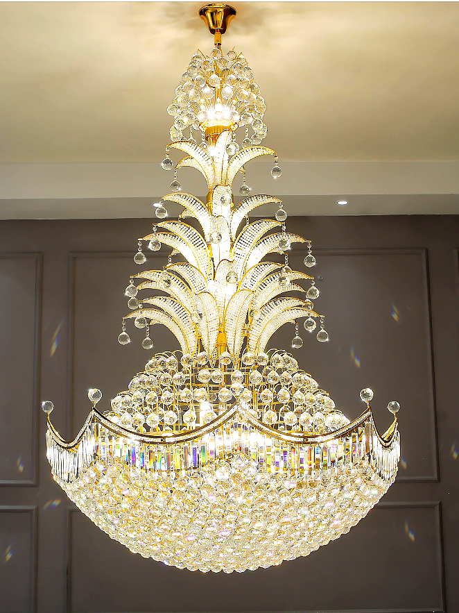 Large Luxury Sago Palm Tree Shape Golden Crystal Chandelier Unique Light Fixture for High Ceiling/ Foyer Staircase/ Duplex/ Villa Entryway