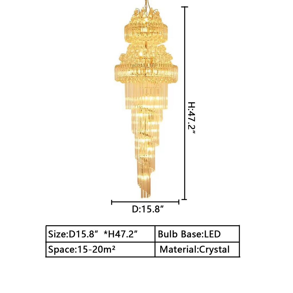 D15.8*H47.2 inches Oversized/extra large gold crystal chandelier spin staircase/big foyer,hallway,entryway long light fixture multi-tiered crystal light for 2-story/duplex building/villa/hotel/loft