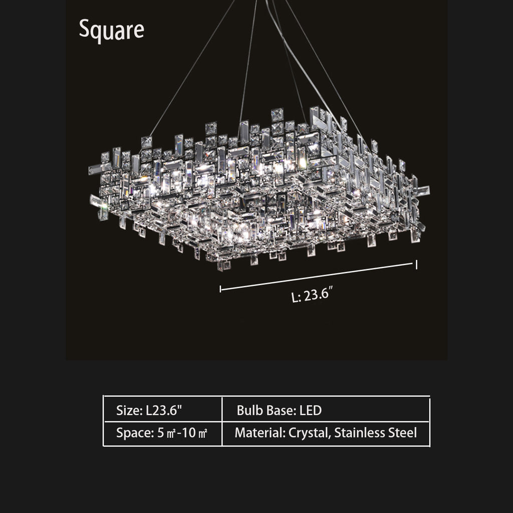 Square: L23.6"  Oversized Art Irregular Block Collection Crystal Pendant Chandelier Suit for Living/Dining Room   kitchen island or bar, chrome