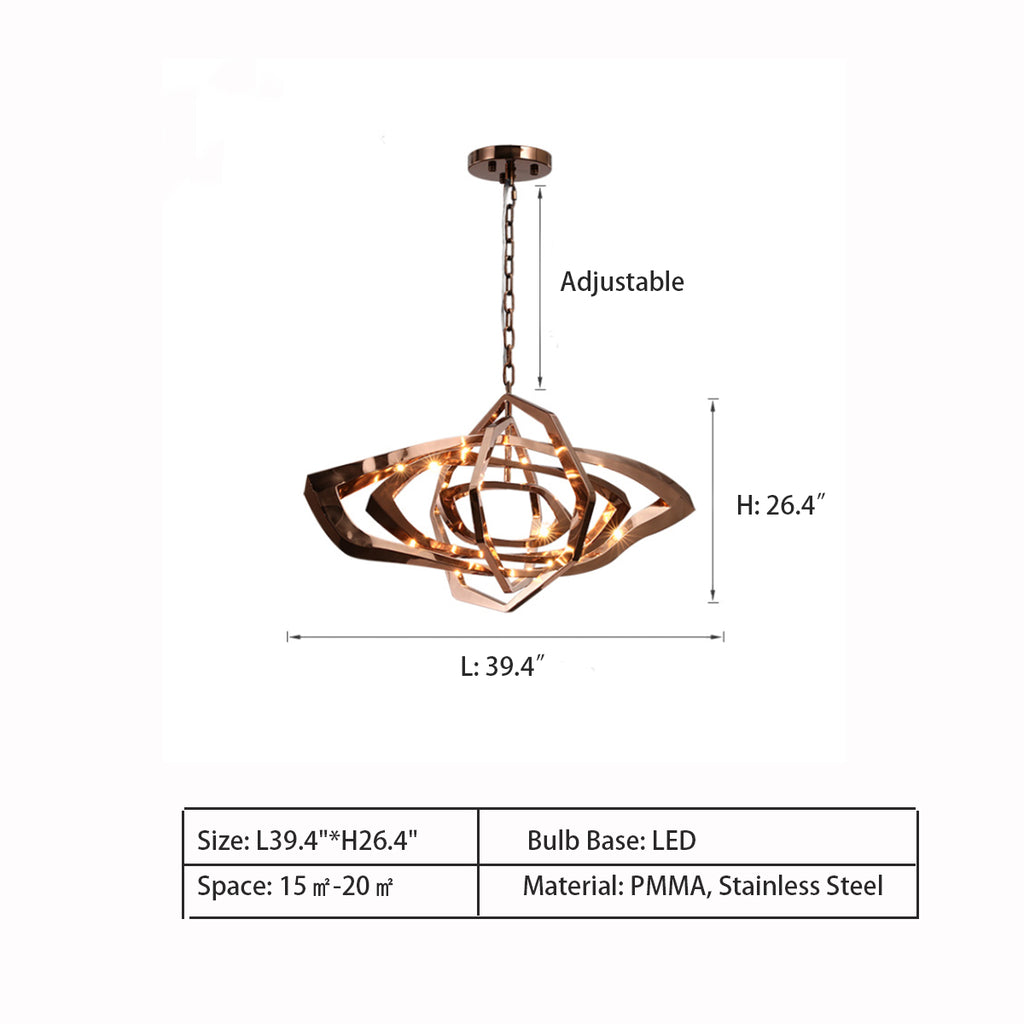 L39.4"*H26.4"  Ultra-modern Twisting Designed Glossy Copper Brown LED Chandelier  La Cage Chandelier 'Horizontal': Bronze or Stainless Steel Sculptural Chandelier Oversized  Rose Gold