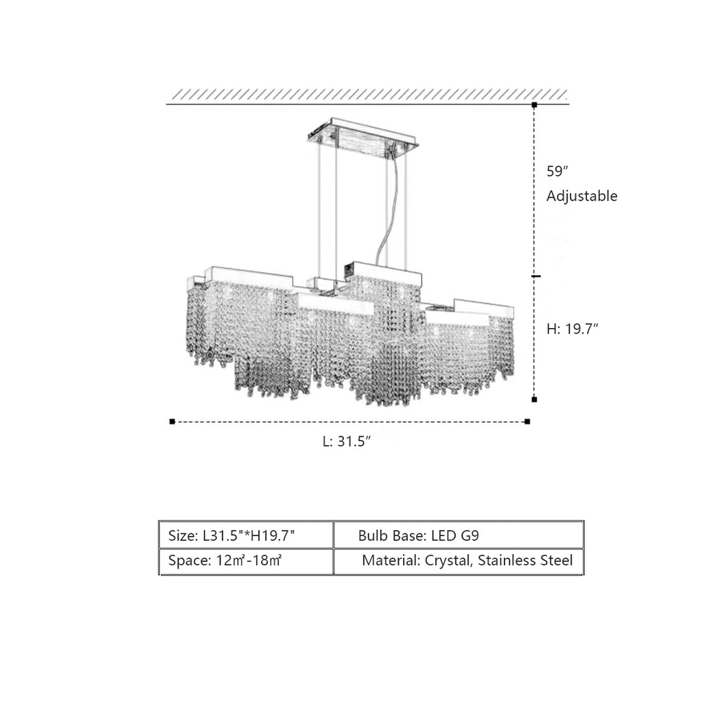 L31.5"*H19.7"  light luxury, large, modern, rectangle, crystal, pendant, dining table, bar, kitcheb island, irregular, tassel, extra large, oversized, big dining room,  long dining table, large walk-in closets, bars,  clubs and themed restaurants, chrome