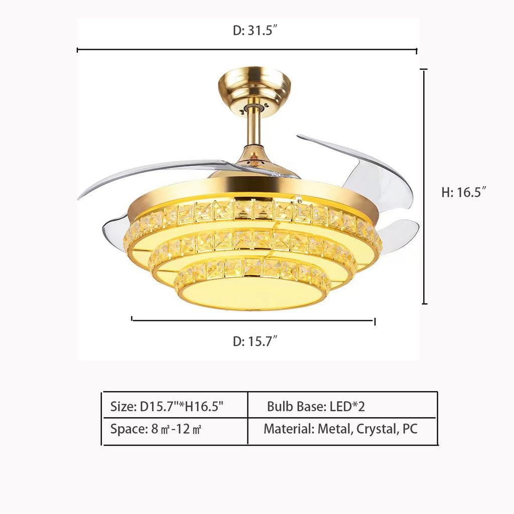 D15.7"*H16.5"  Invisible Fan Blade Tiered Crystal Pendant Chandelier for Living/Dining Room  chrome, gold, oversized, extra large