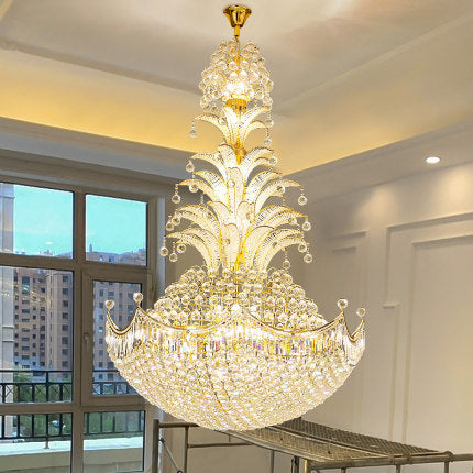 Large Luxury Sago Palm Tree Shape Golden Crystal Chandelier Unique Light Fixture for High Ceiling/ Foyer Staircase/ Duplex/ Villa Entryway