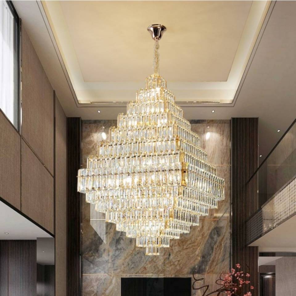 extra large crystal 2-story foryer / high ceiling living room / big hallway/ hotel entryway light fixture luxury modern stunning golden chandelier