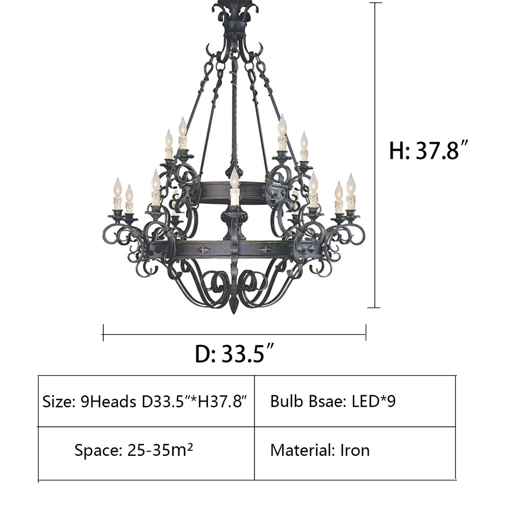 9Heads: D33.5"*H37.8"  extra large, wrought iron, black, tiered, candle, pendant, chandelier, staircase, large living room, villa, big hallway, duplex, cafes, coffee shops