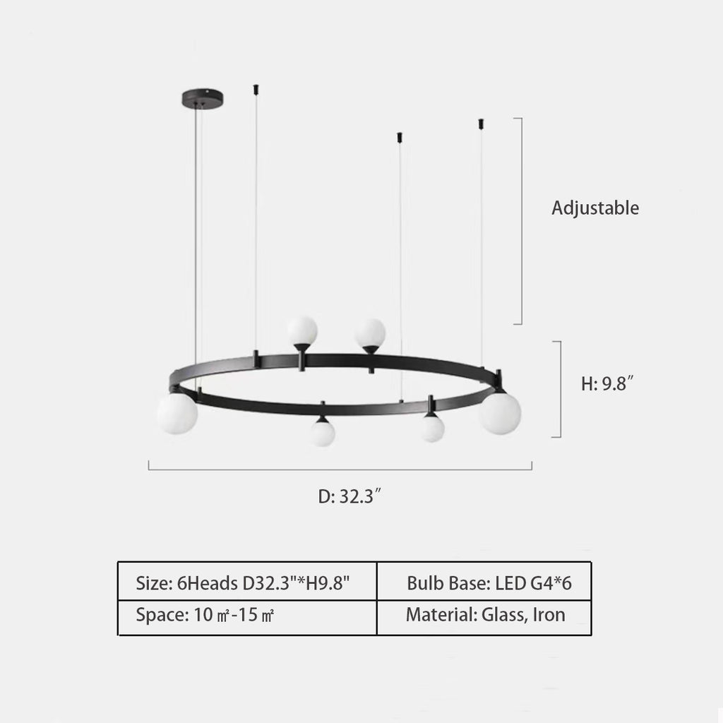 Round: 6Heads D32.3"*H9.8"  Large Nordic Minimalist Iron Ring Glass Light Chandelier for Living/Dining Room  classic black, loop, ring, wreath, garland, oversized, extra large
