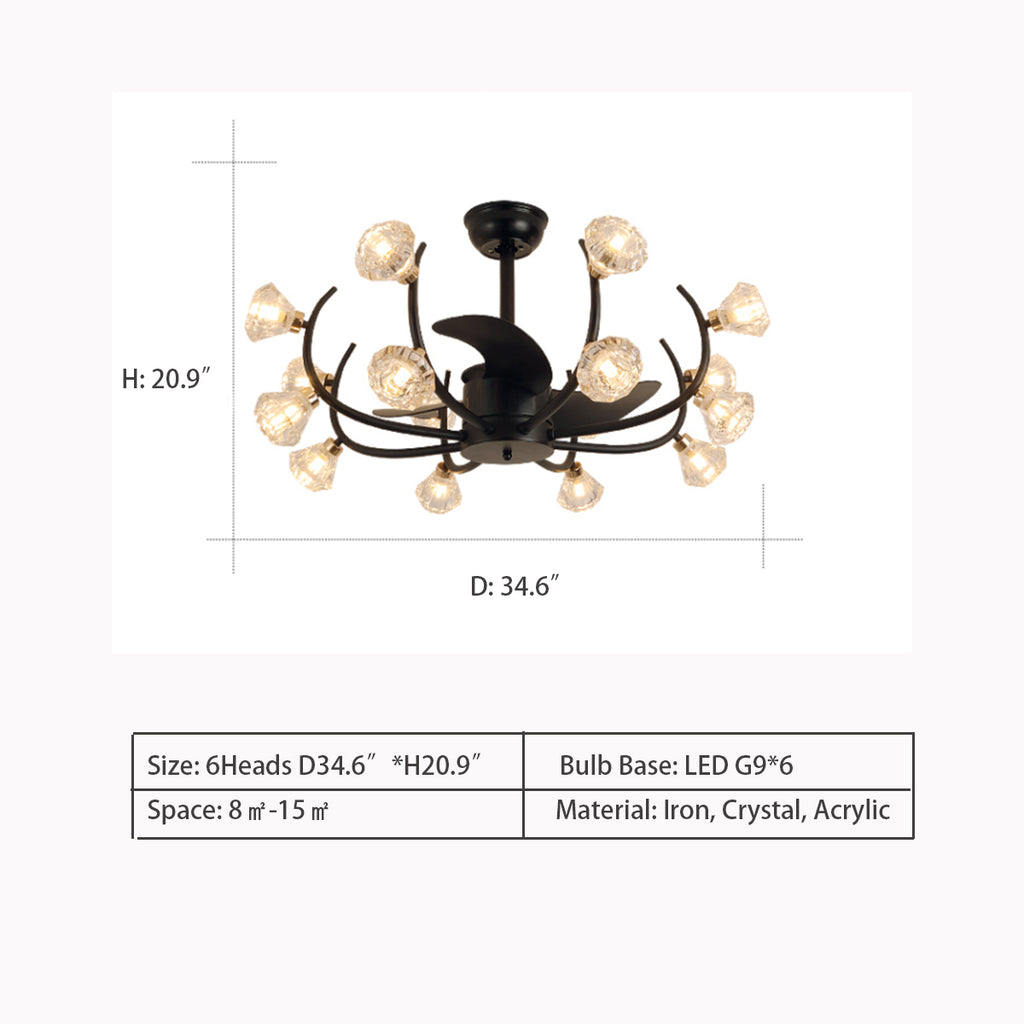 6Heads: D34.6"*H20.9"  Black Branch Facet Diamond Crystal Fan Blade Chandelier for Living/Dining Room/Bedroom  