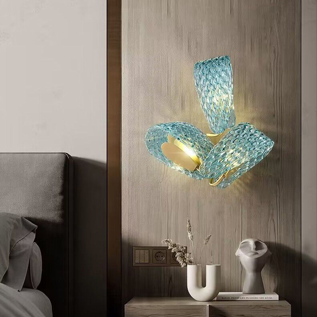 Modern Art Creative Blue Flower Glass Wall Sconce Decorative Copper Bedside Wall Lamp Flower Creative Bedside Pandant Chandelier Living Room Decor Background Wall Light Luxury Copper Bedroom Blue Glass Hanging Lamp   