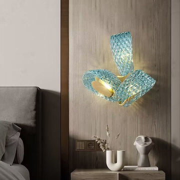 Modern Art Creative Blue Flower Glass Wall Sconce Decorative Copper Bedside Wall Lamp Flower Creative Bedside Pandant Chandelier Living Room Decor Background Wall Light Luxury Copper Bedroom Blue Glass Hanging Lamp   