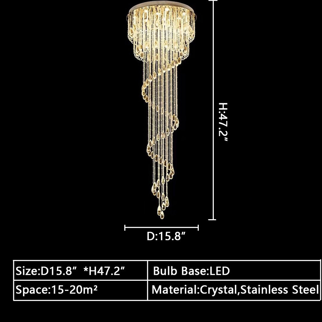 D15.8inches*H47.2inches extra large Cascade Spiral ceiling crystal long chandelier for 2-story/duplex buildings/big house/villas staircase,foyer,hallway entryway