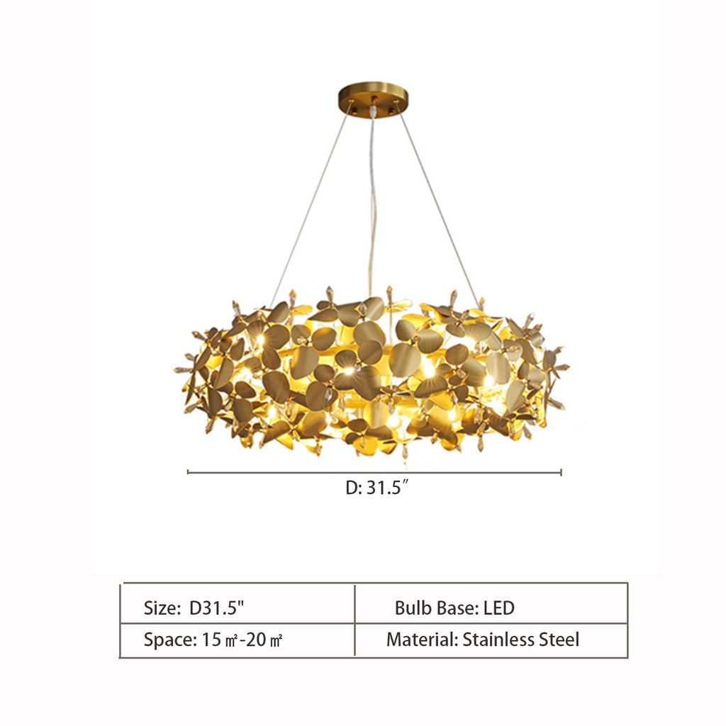 Round: D31.5"  Flower Stainless Steel Halo Chandelier  Mcqueen Round Suspension  Luxxu, Portugal  Luxurious Hollow Golden Dots Flower Cluster Pendant Chandelier for Living/Dining Room