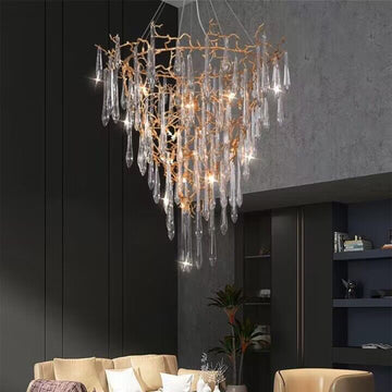 modern raindrop gold brass/copper branch crystal chandelier multi-layer ring/round living room light fixture art foyer light for dining room/bar/coffee table,coffee shop,restaurant,hotel hallway