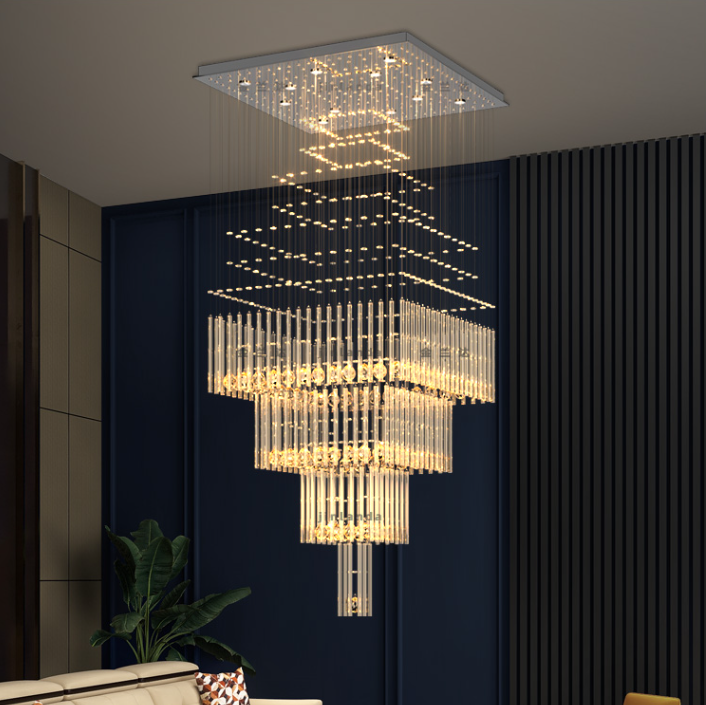 Minimalist likes best large long square falling crystal pendant lamplarge interior high ceiling living room/entryway/foyer staircase light fixture