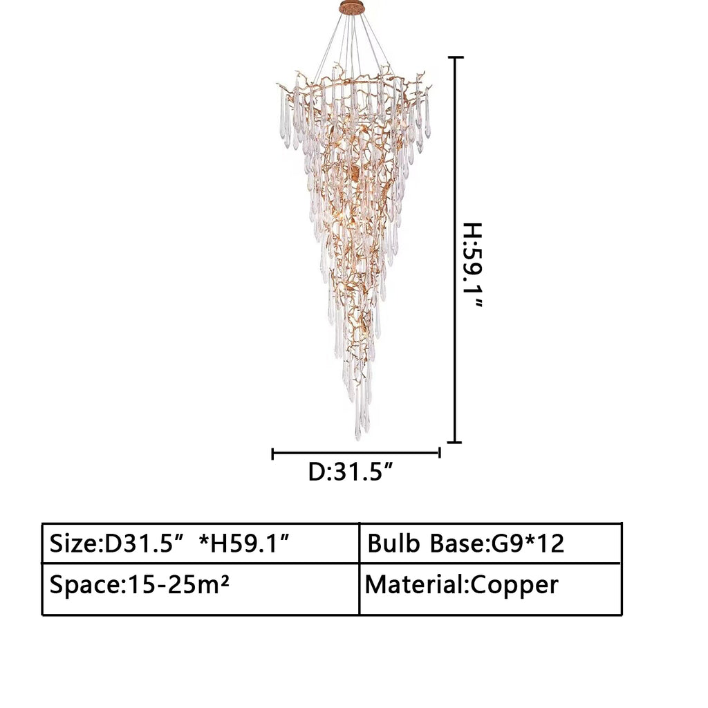 D31.5inches*H59.1 12lIGHTS g9 LED Modern/Traditional art branch crystal chandelier copper/brass long light fixture for 2-story/duplex buildings/villa staircase/high-ceiling foyer/living room/entryway