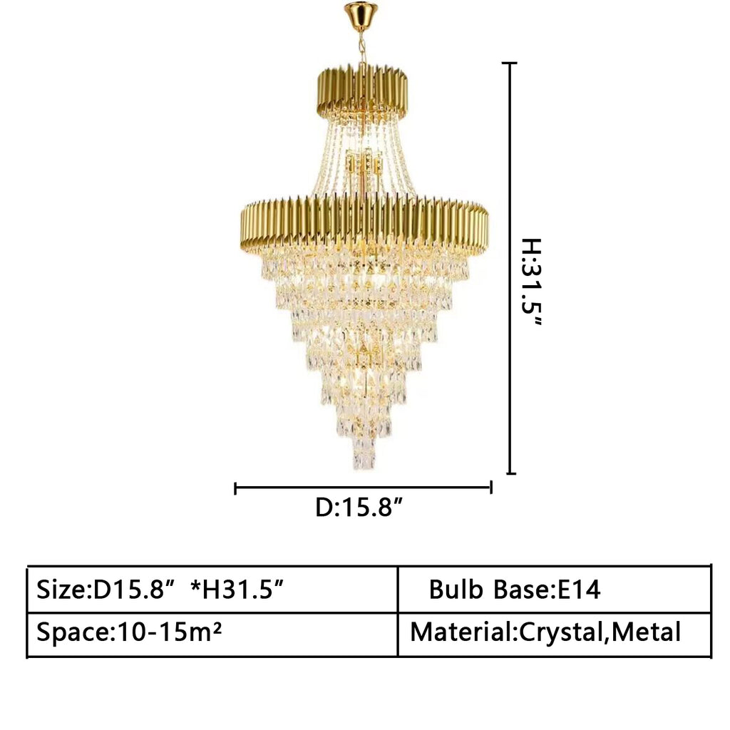 D15.8inches*H31.5inches Extra Large Multi-tiered Black/Gold Crystal Chandelier Modern Light Luxury Inverted Triangle Light Fixture For Living Room/Dining Room/Foyer ,hotel lobby/hallway ,2-story,duplex buidings ,villa