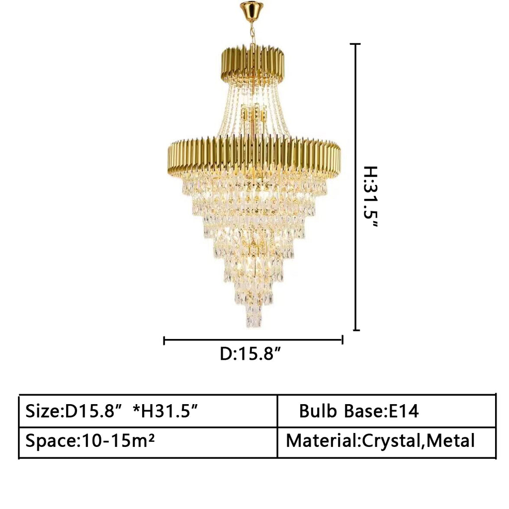 D15.8inches*H31.5inches Extra Large Multi-tiered Black/Gold Crystal Chandelier Modern Light Luxury Inverted Triangle Light Fixture For Living Room/Dining Room/Foyer ,hotel lobby/hallway ,2-story,duplex buidings ,villa