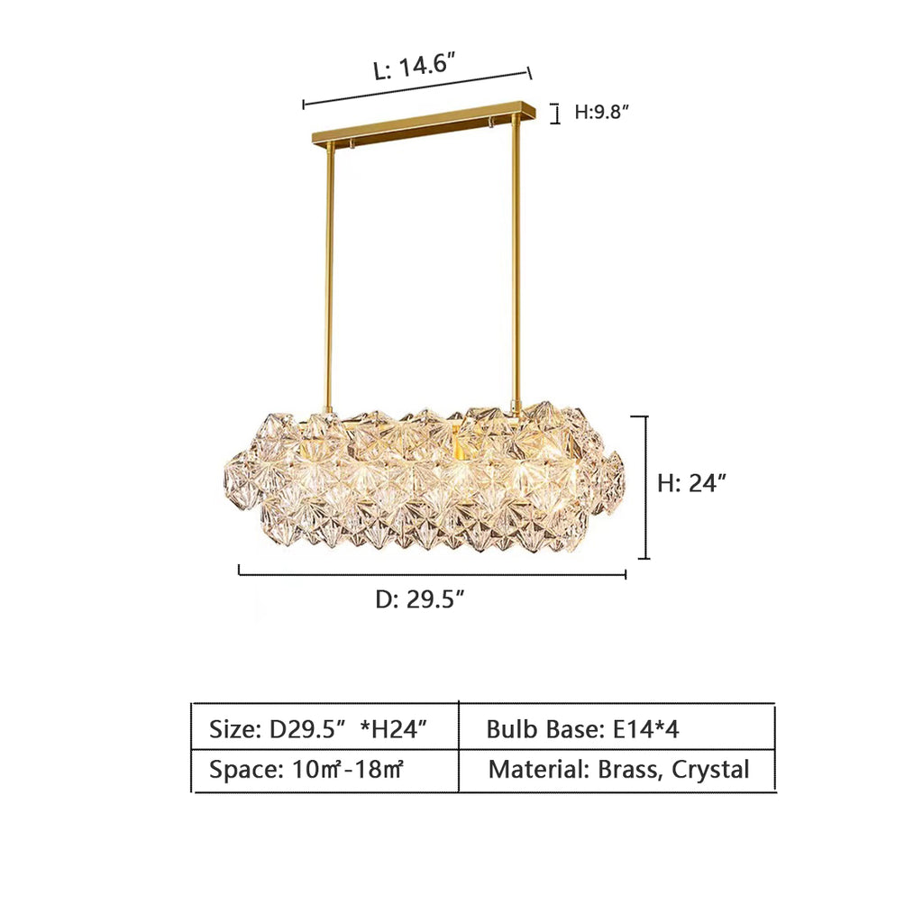D29.5"*H24"  gold, rectangle, modern, facet, crystal pendant, hexagonal, brass, long dining table, kitchen island, bar