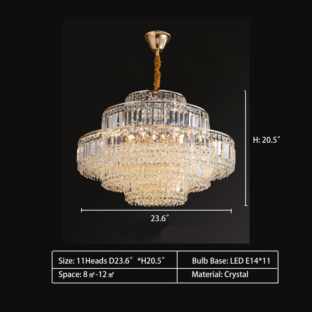 Round 11Heads: D23.6"*H20.5"  crystal, round, tiered, oval, facet, diamond, pendant, chandelier, living room, dining room, bedroom, 