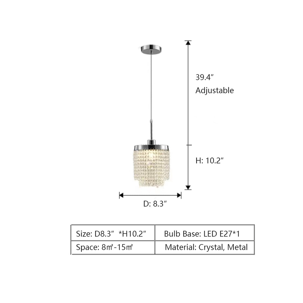 D8.3"*H10.2"  modern, crystal, tiered, pendant light,chrome, bedside, coffe table, kitchen island, dining table, bar, entrance, walk in clostse