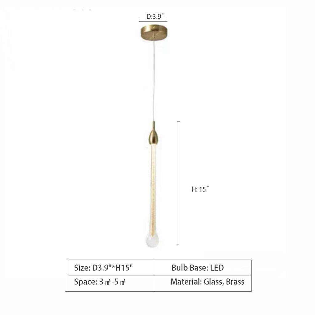 One Single: D3.9"*H15"  long, gold, glass, brass, raindrop, pendant, round, linear, rectangle, staircase, living room, kitchen island, bar, high-ceiling room