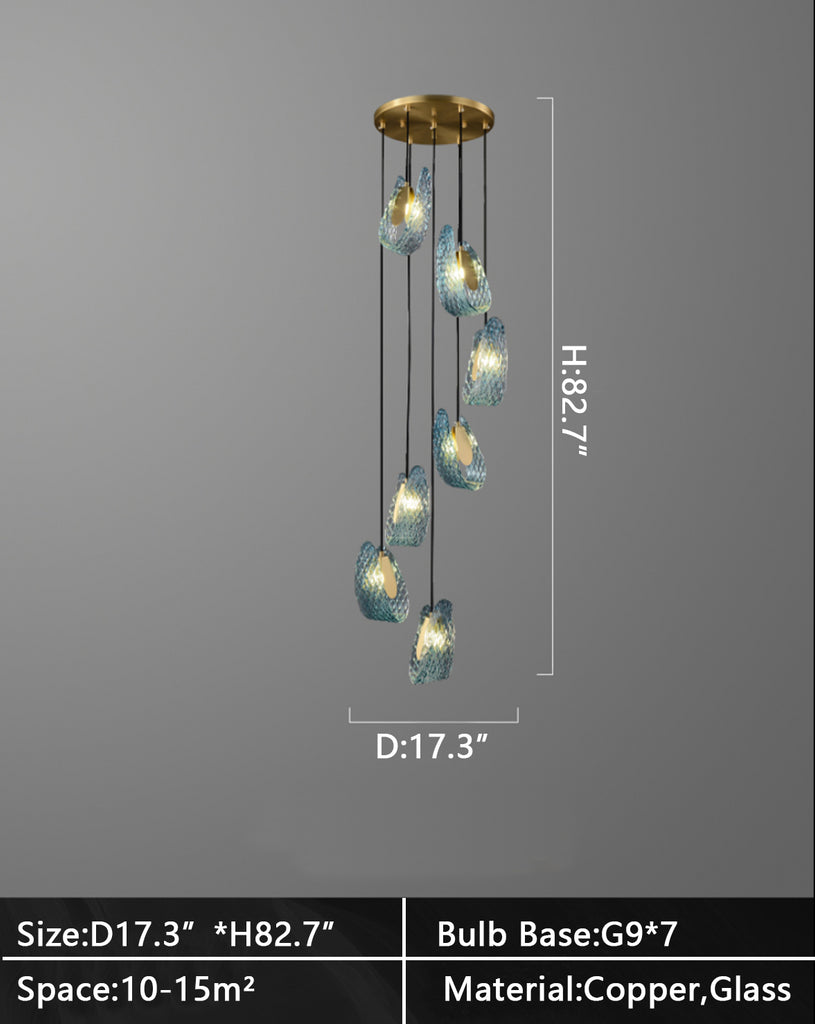 D17.3inches 7lights Extra long 7/10/13 lights art blue chandelier copper light glass light for staircase/high-ceiling living room/foyer.2-story/loft/duplex buildings Flower Creative Bedside Pandant Chandelier Living Room Decor Background Wall Light Luxury Copper Bedroom Blue Glass Hanging Lamp
