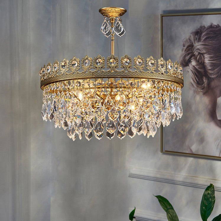 gold, crown, tiered, european, french, vintage, crystal, pendant, chandelier, living room, dining room, walk-in closets, foyer